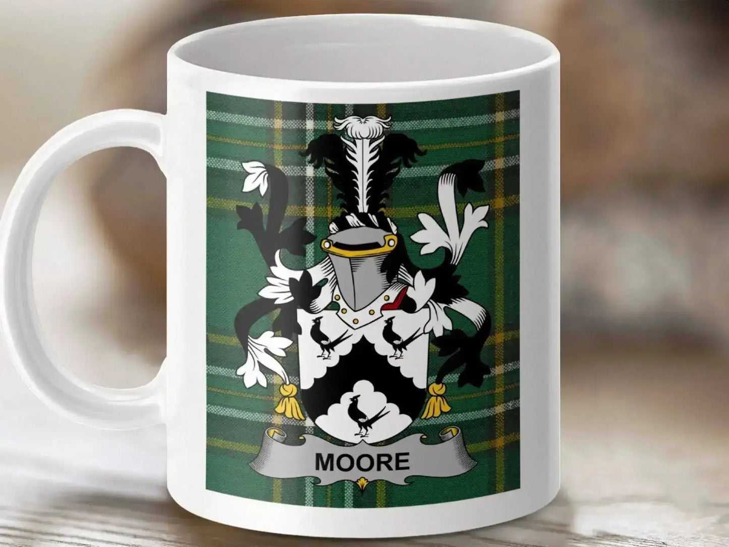 Moore Surname Family Crest Irish Tartan Mug - Celtic Ancestry Gifts