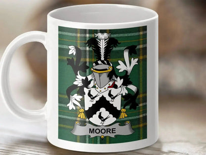 Moore Surname Family Crest Irish Tartan Mug - Celtic Ancestry Gifts