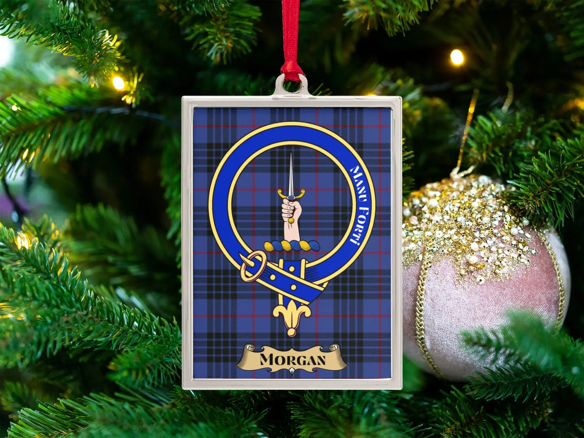Morgan clan crest Christmas ornament in a silver frame on a tartan background