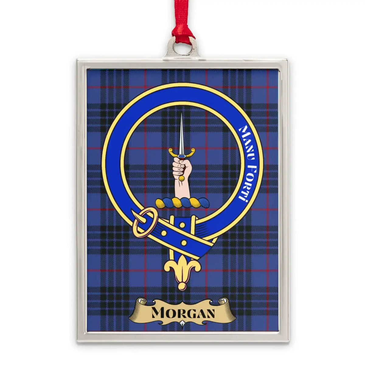 Morgan tartan-background crest ornament shown as a Scottish heritage keepsake gift