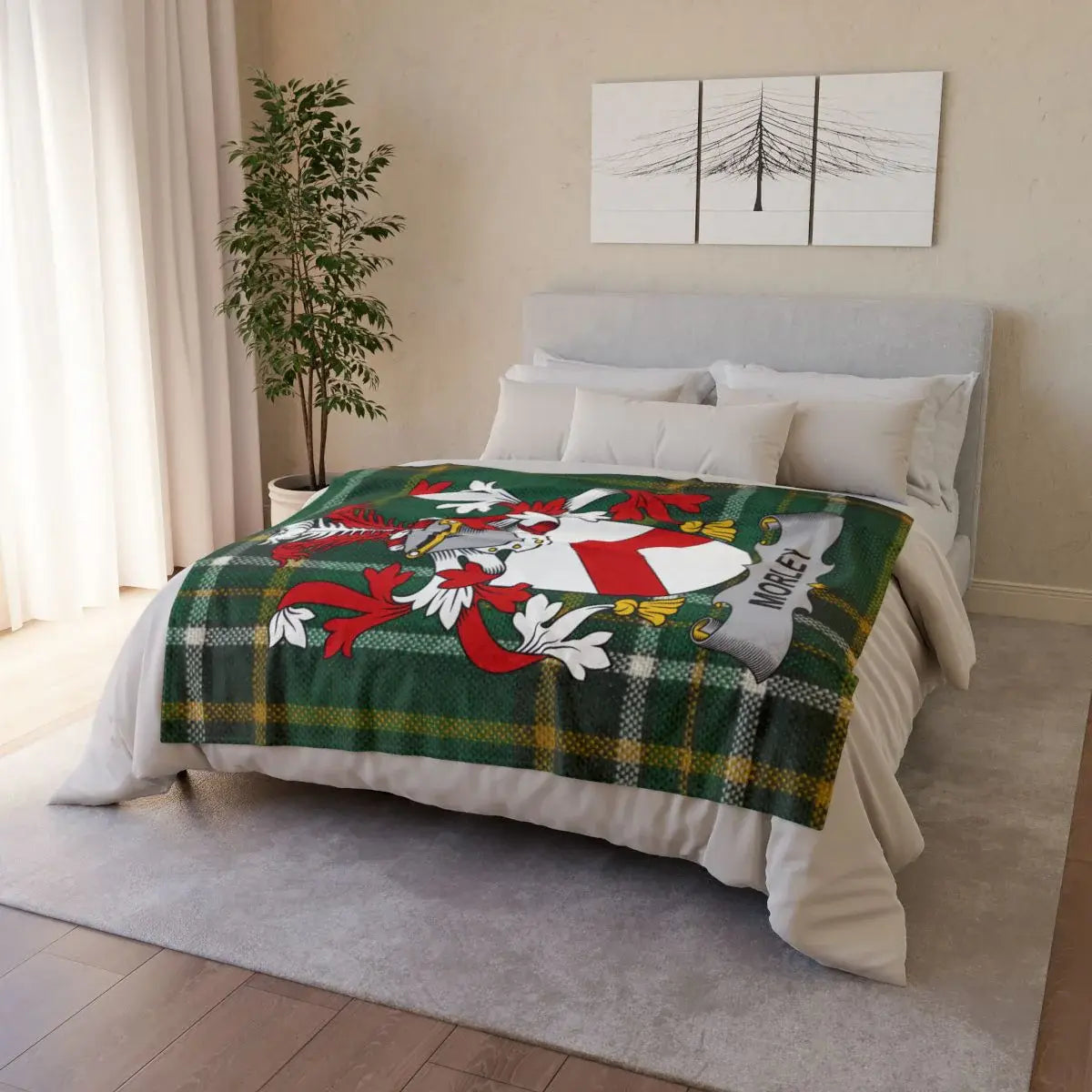 Morley Family Crest on Green Tartan Blanket product