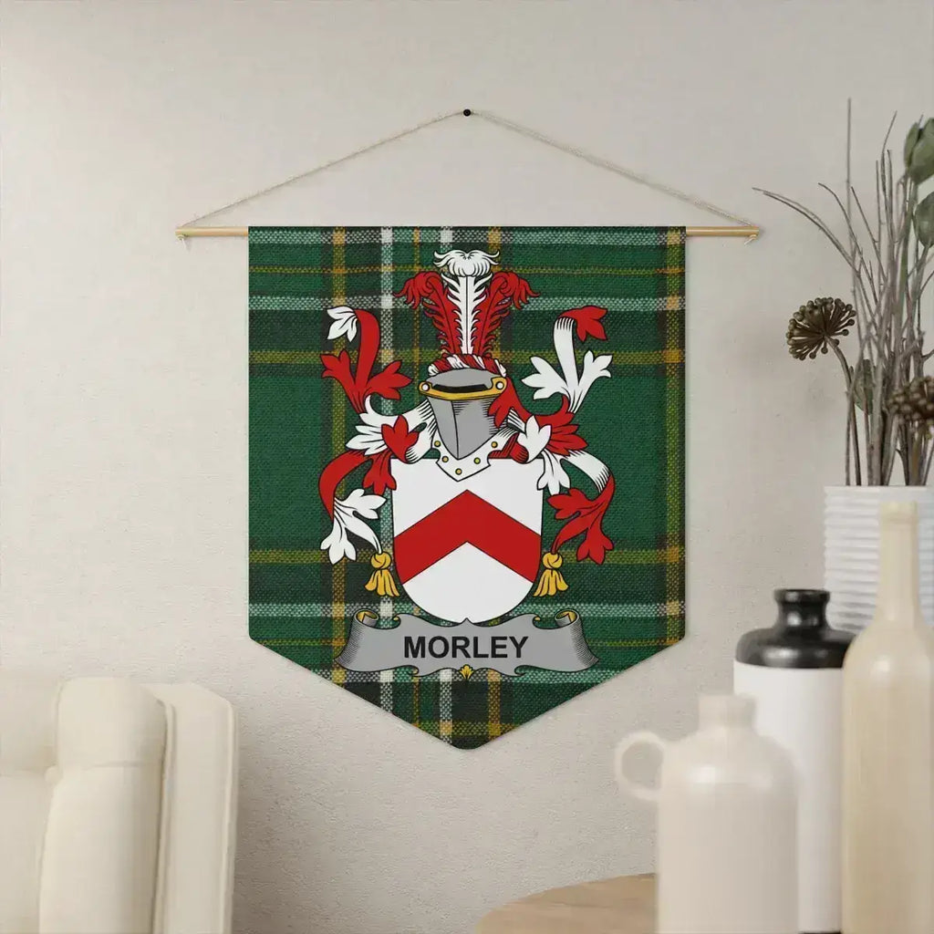 Morley Irish family crest wall pennant — crest on the Irish national tartan
