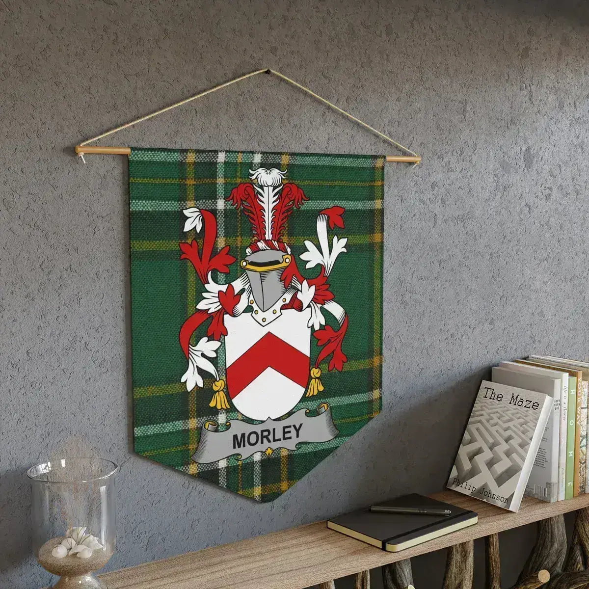 Morley Irish family crest wall pennant — tartan wall hanging display