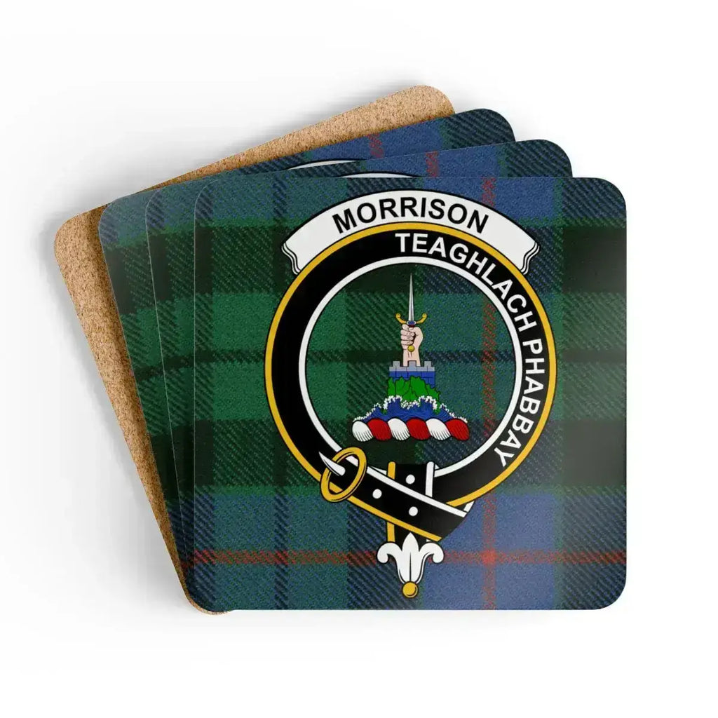 Clan Morrison Teaghlach Phabbay tartan crest cork coaster set — four 3.75-inch square glossy coasters