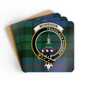 Clan Morrison Teaghlach Phabbay tartan crest cork coaster set — four 3.75-inch square glossy coasters