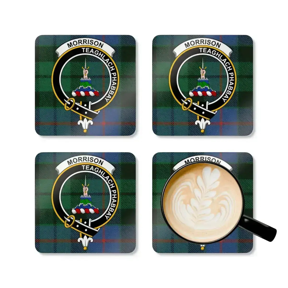 Morrison clan crest coasters in use — Teaghlach Phabbay tartan print with natural cork base