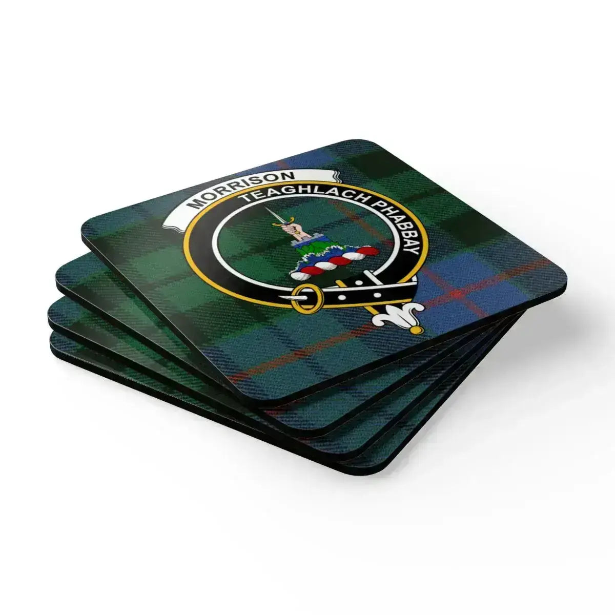 Morrison clan crest coaster set displayed flat — full set of four showing clan tartan pattern