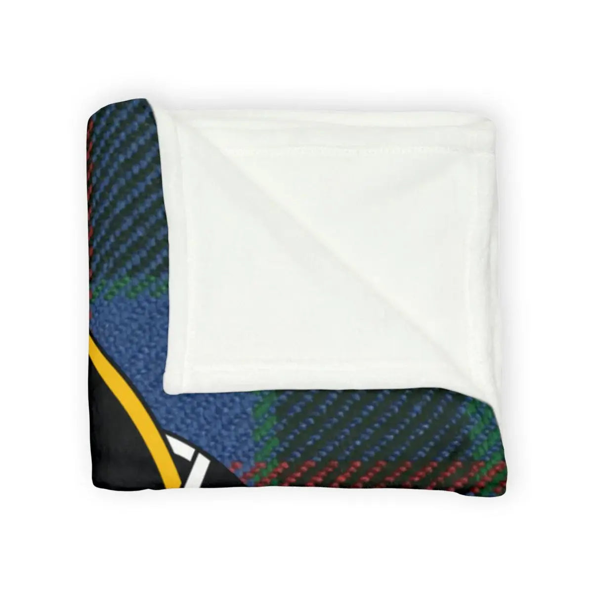 Morrison Teaghlach Phabbay tartan throw blanket folded — clan crest on lightweight polyester