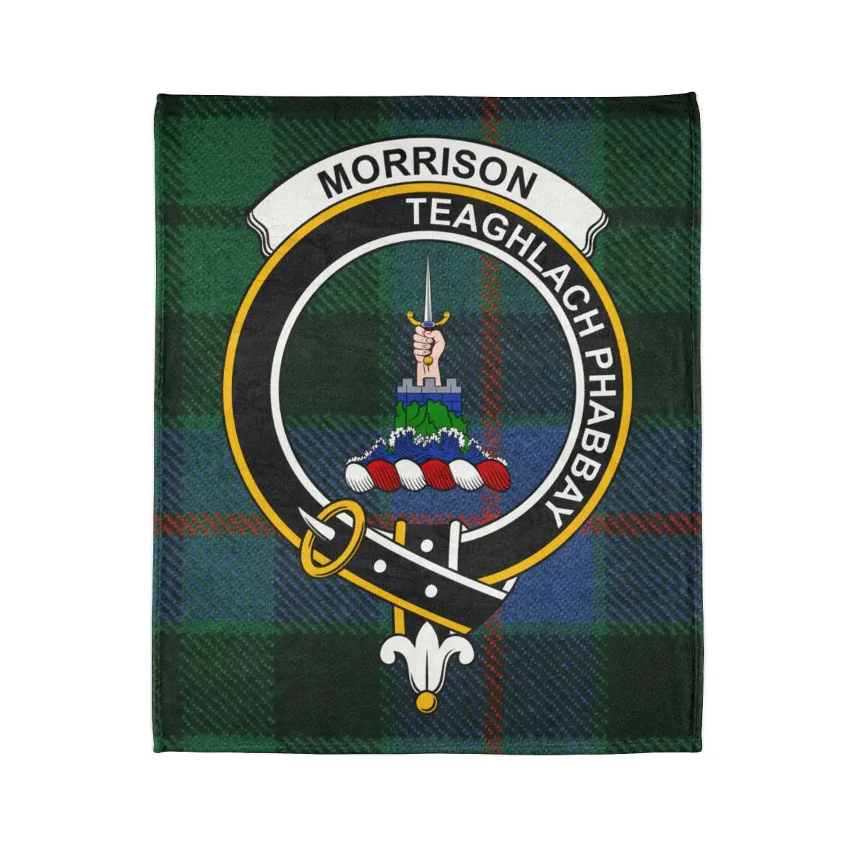 Morrison clan crest and Teaghlach Phabbay motto detail on tartan throw blanket — printed polyester