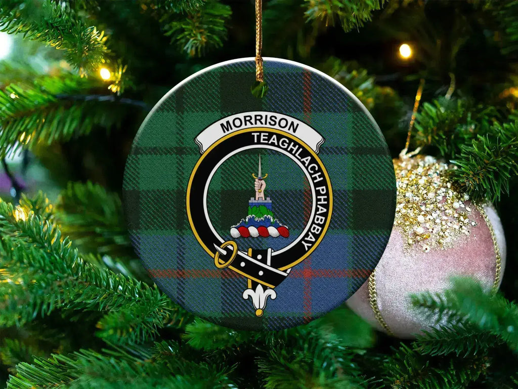 Clan Morrison Teaghlach Phabbay tartan crest ceramic Christmas ornament — 3-inch round with gold hanging string