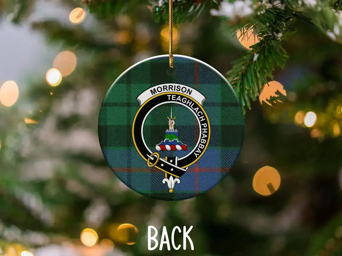 Morrison clan crest ornament — double-sided UV printed ceramic with Teaghlach Phabbay tartan