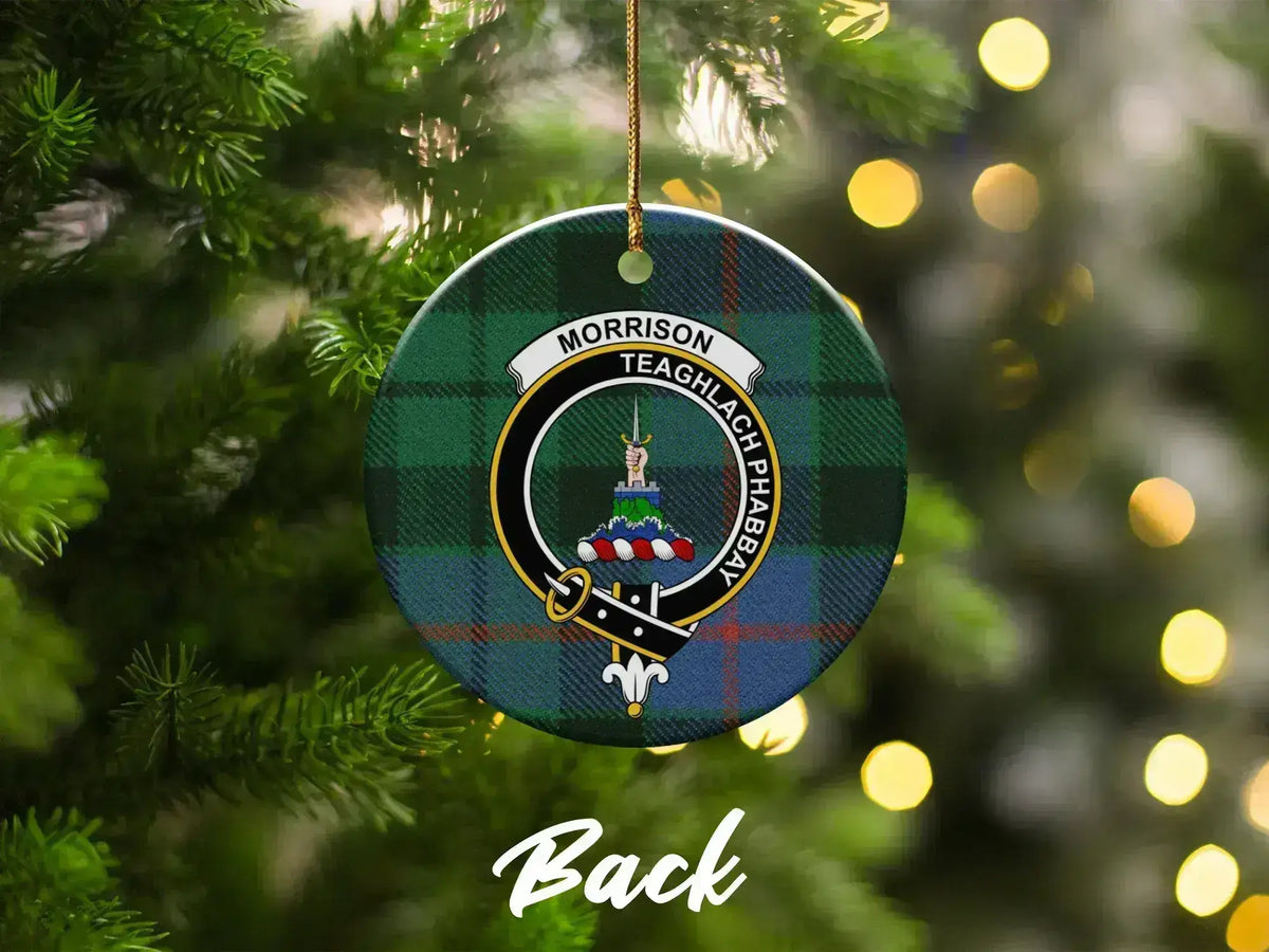 Morrison Teaghlach Phabbay clan crest ceramic ornament on Christmas tree — 3-inch round