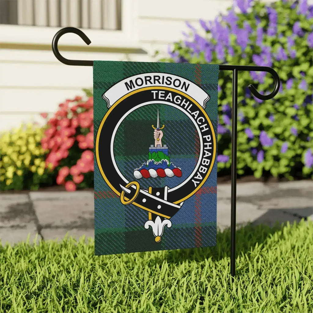 Morrison clan crest garden flag on standard pole — 24.5x32 inch with Teaghlach Phabbay tartan design