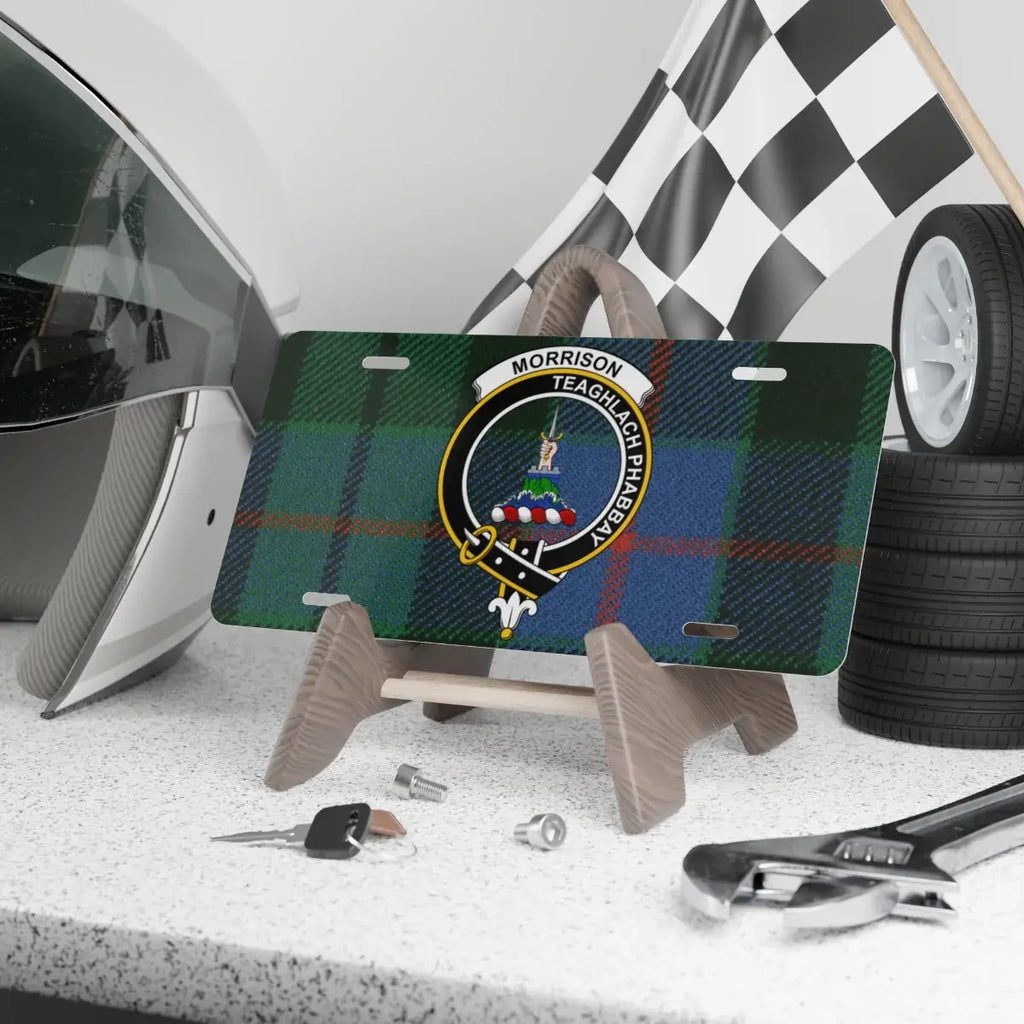 Clan Morrison Teaghlach Phabbay tartan crest novelty license plate — 12x6 inch aluminium with printed clan design