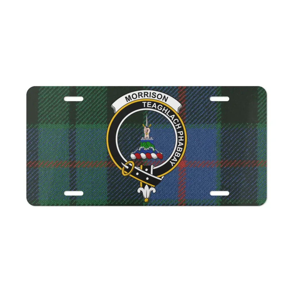 Morrison Teaghlach Phabbay clan crest and tartan license plate front view — pre-drilled aluminium novelty plate