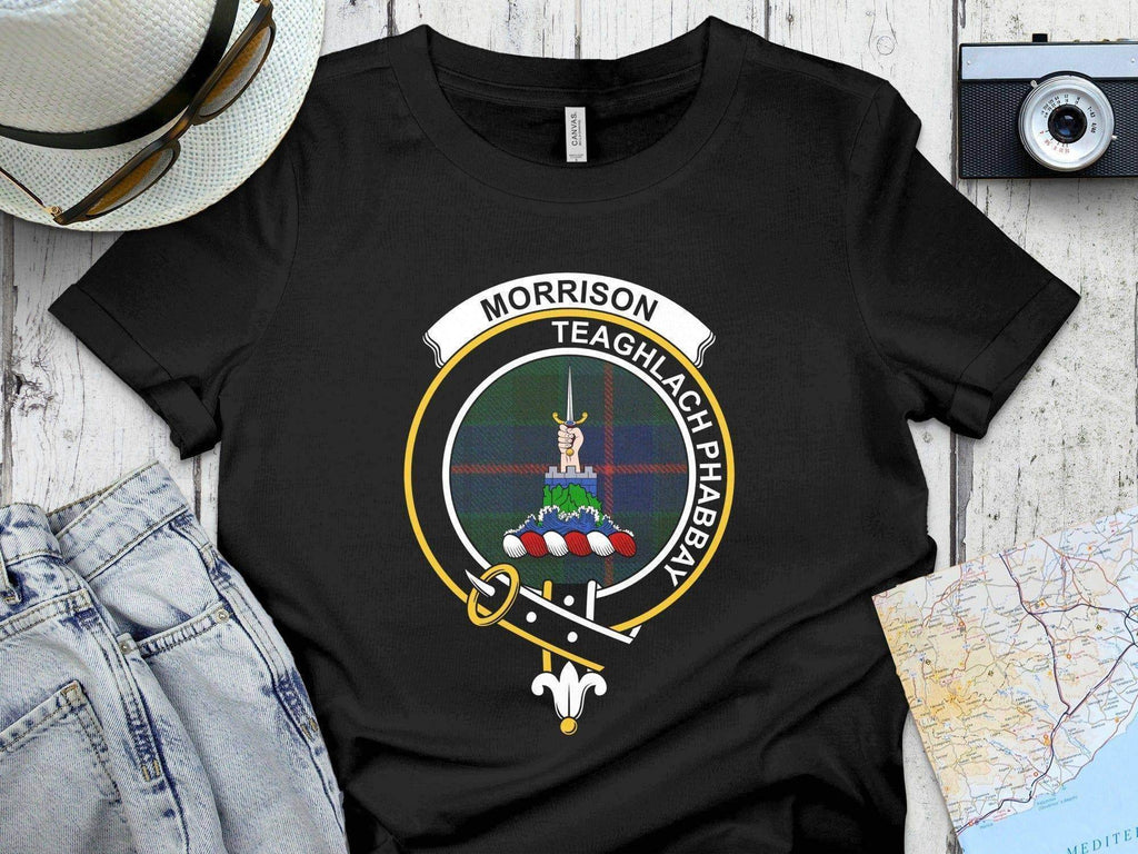 Clan Morrison Teaghlach Phabbay crest tartan t-shirt in black — printed Scottish clan crest on cotton short sleeve