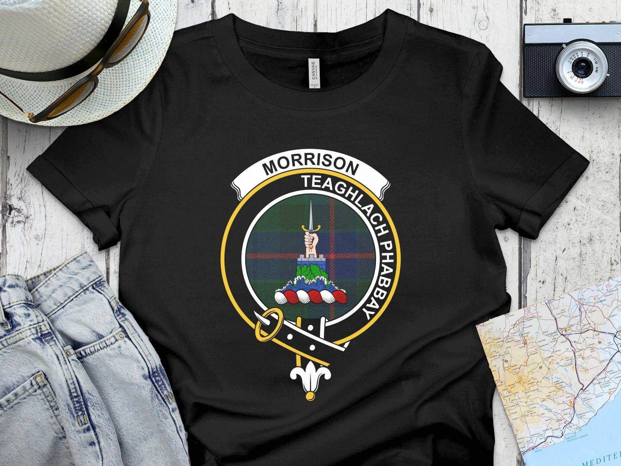 Clan Morrison Teaghlach Phabbay crest tartan t-shirt in black — printed Scottish clan crest on cotton short sleeve