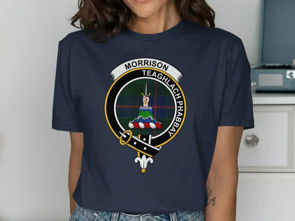 Morrison Teaghlach Phabbay clan crest t-shirt in navy — front view showing clan tartan badge print
