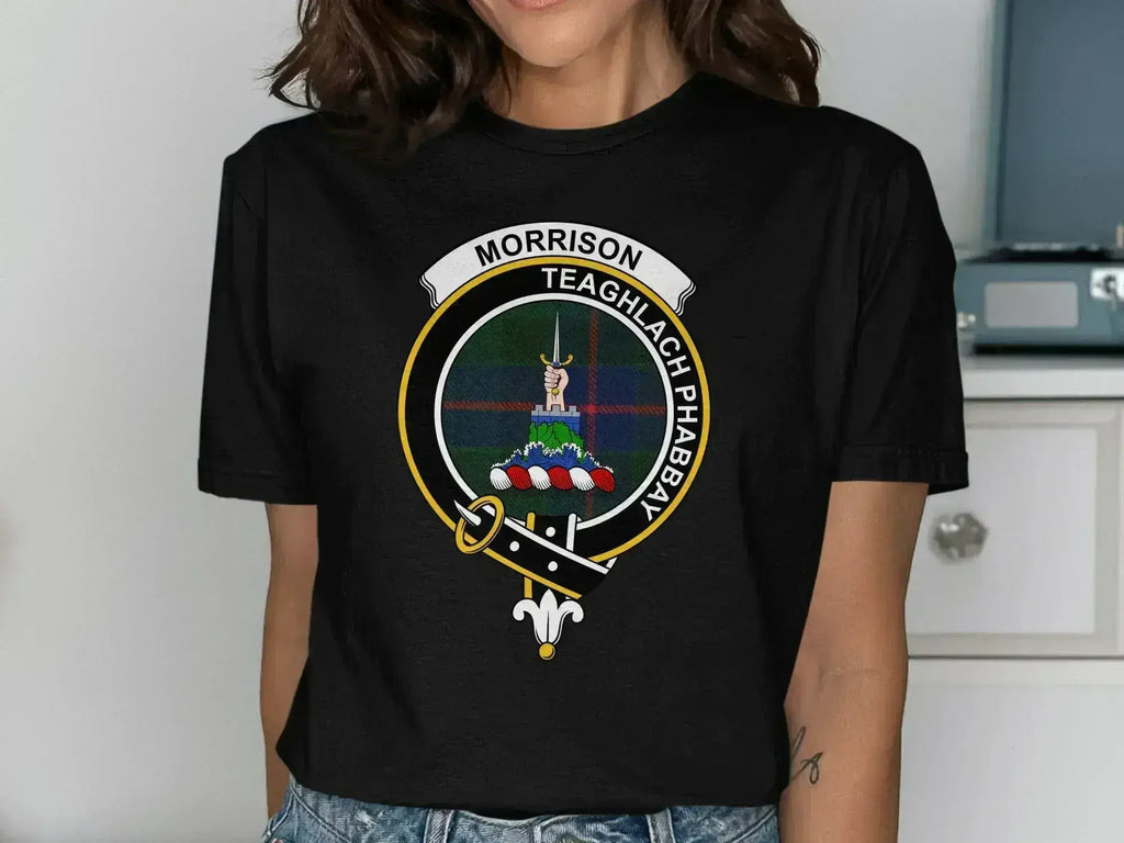 Clan Morrison Teaghlach Phabbay t-shirt in royal blue — Scottish clan crest on cotton short sleeve