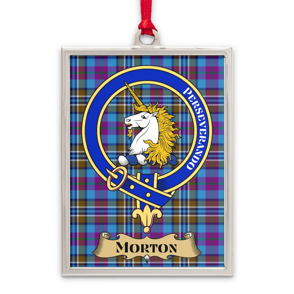 Morton tartan-background crest ornament shown as a Scottish heritage keepsake gift