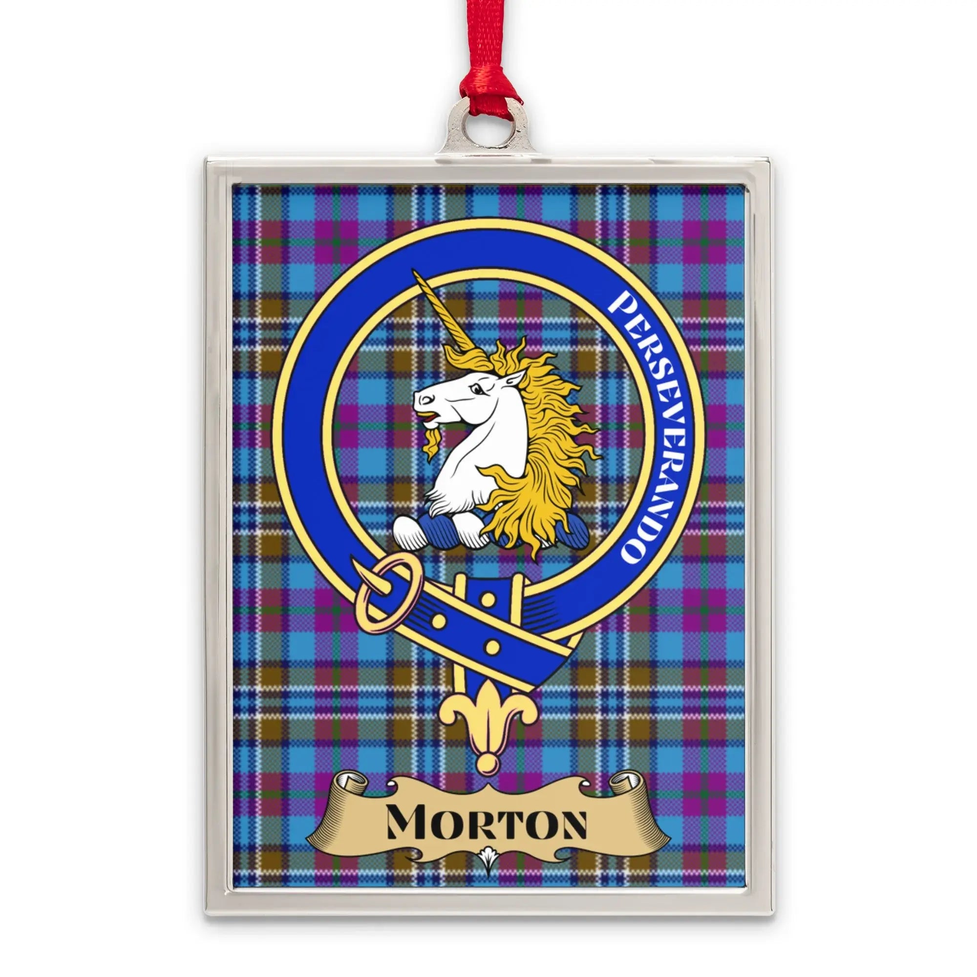 Morton tartan-background crest ornament shown as a Scottish heritage keepsake gift