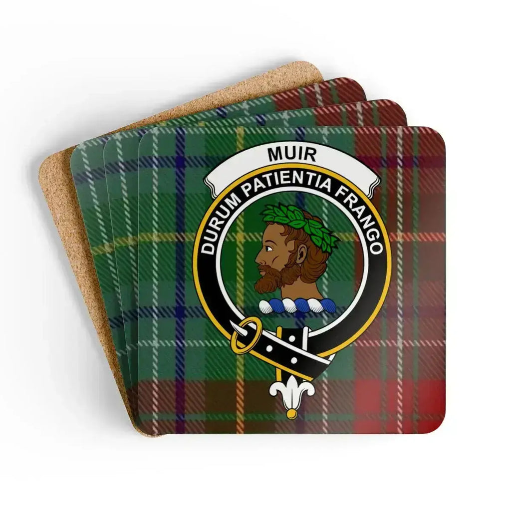 Clan Muir Durum Patientia Frango tartan crest cork coaster set — four 3.75-inch square glossy coasters