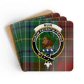 Clan Muir Durum Patientia Frango tartan crest cork coaster set — four 3.75-inch square glossy coasters