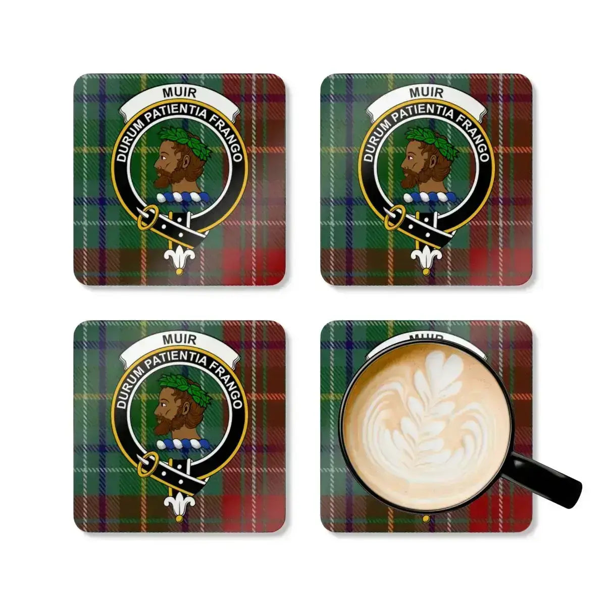 Muir clan crest coasters in use — Durum Patientia Frango tartan print with natural cork base