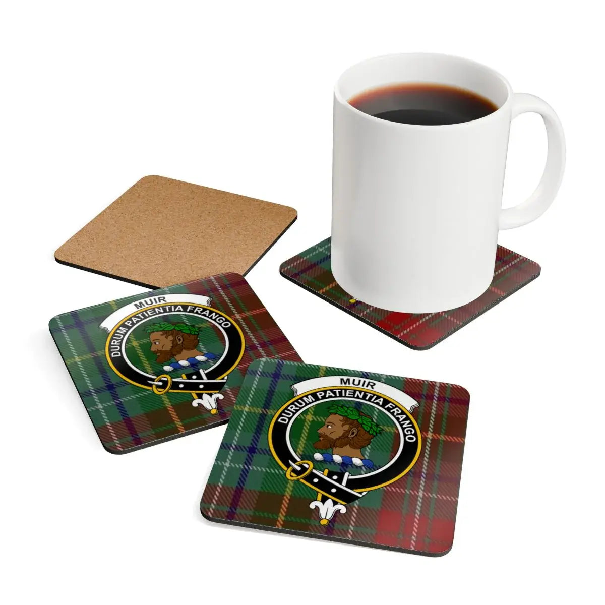 Muir Durum Patientia Frango tartan coasters displayed — clan crest on square cork coasters