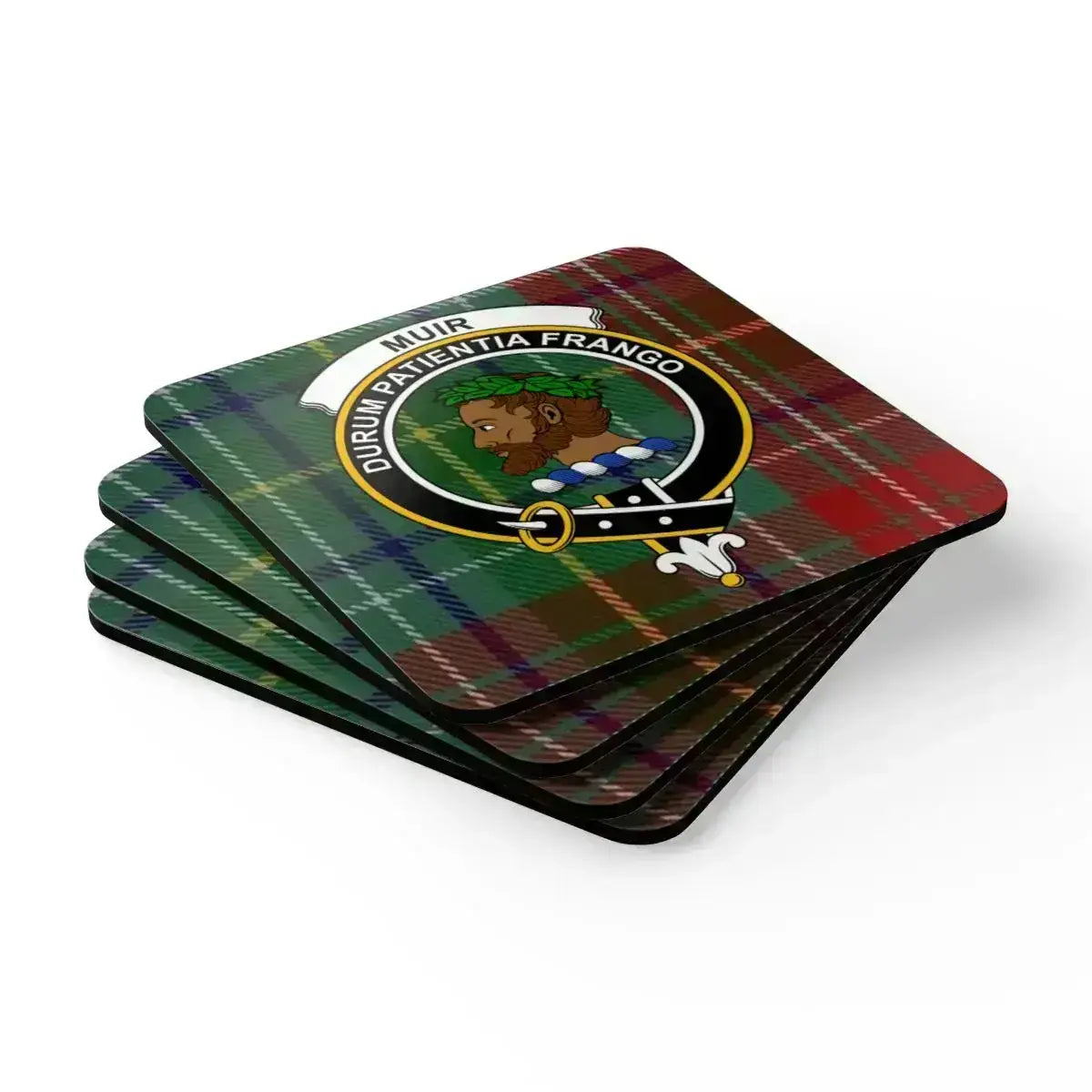 Muir clan crest coaster set displayed flat — full set of four showing clan tartan pattern