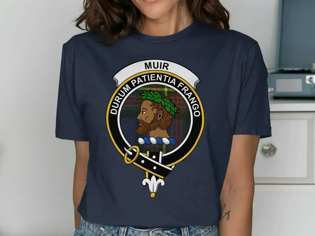 Clan Muir Durum Patientia Frango crest t-shirt in navy — front view showing clan tartan badge