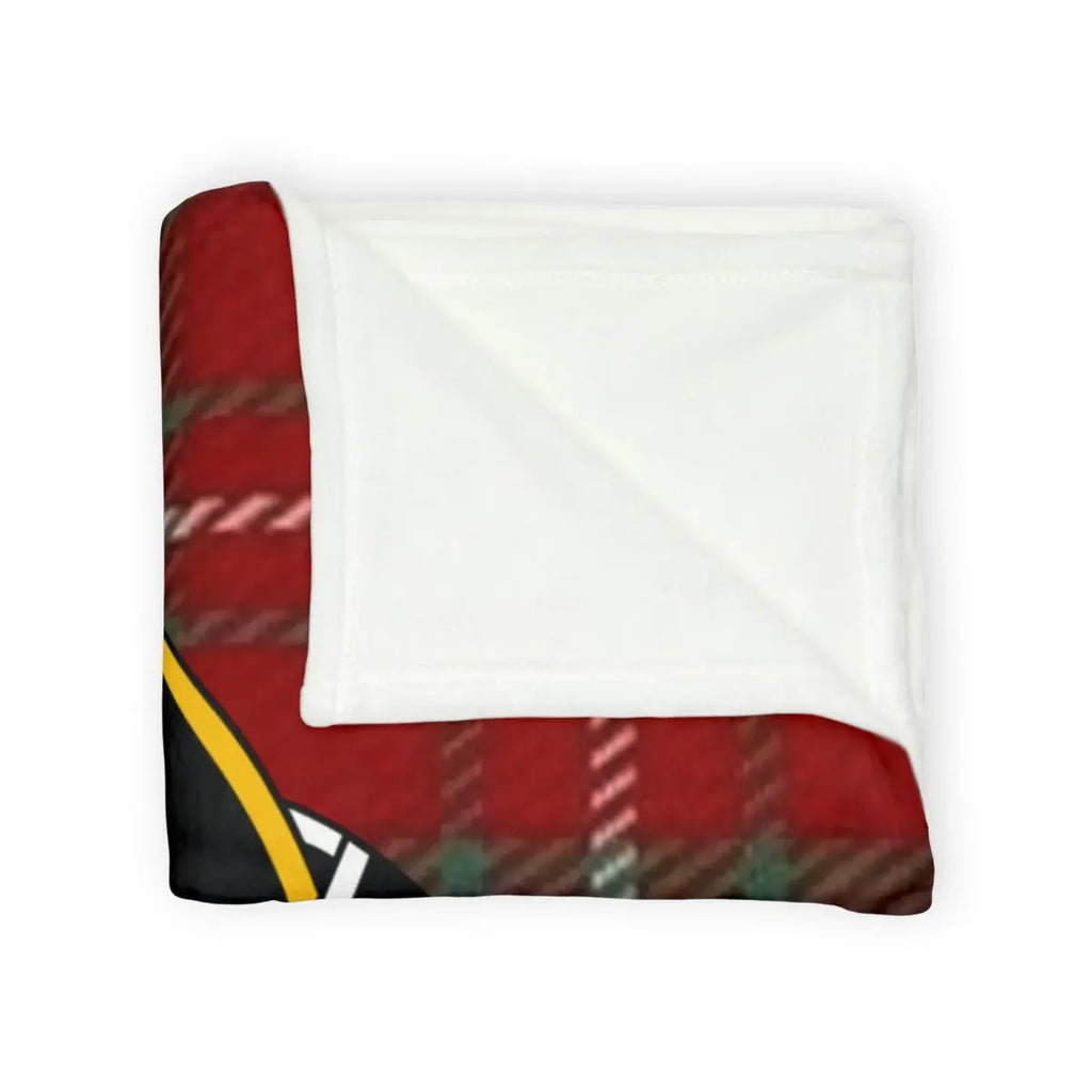 Muir Durum Patientia Frango tartan throw blanket folded — clan crest on lightweight polyester