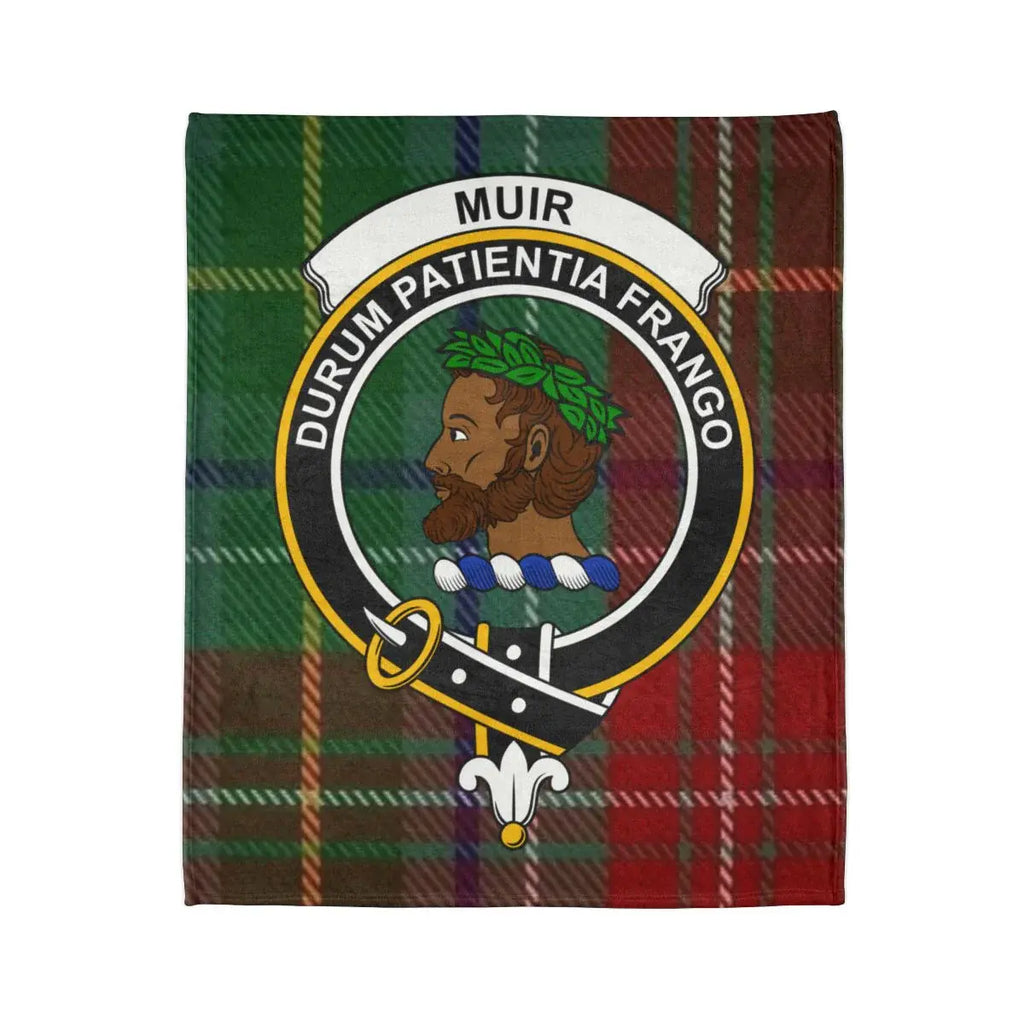Muir clan crest and Durum Patientia Frango motto detail on tartan throw blanket — printed polyester