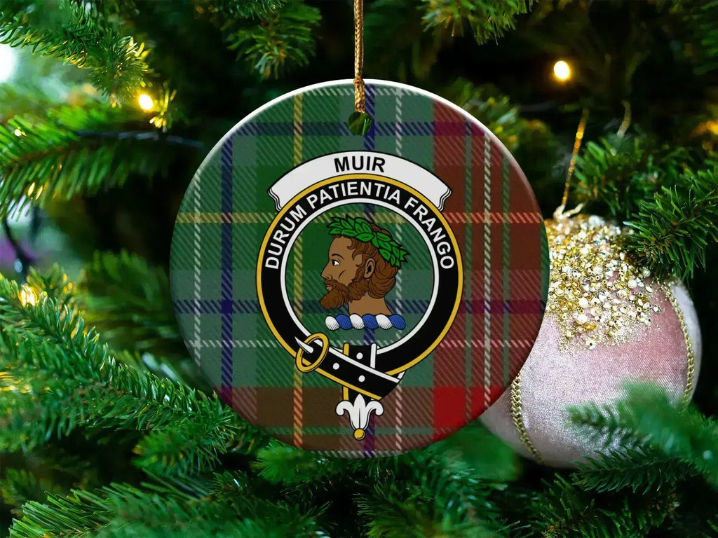 Clan Muir Durum Patientia Frango tartan crest ceramic Christmas ornament — 3-inch round with gold hanging string