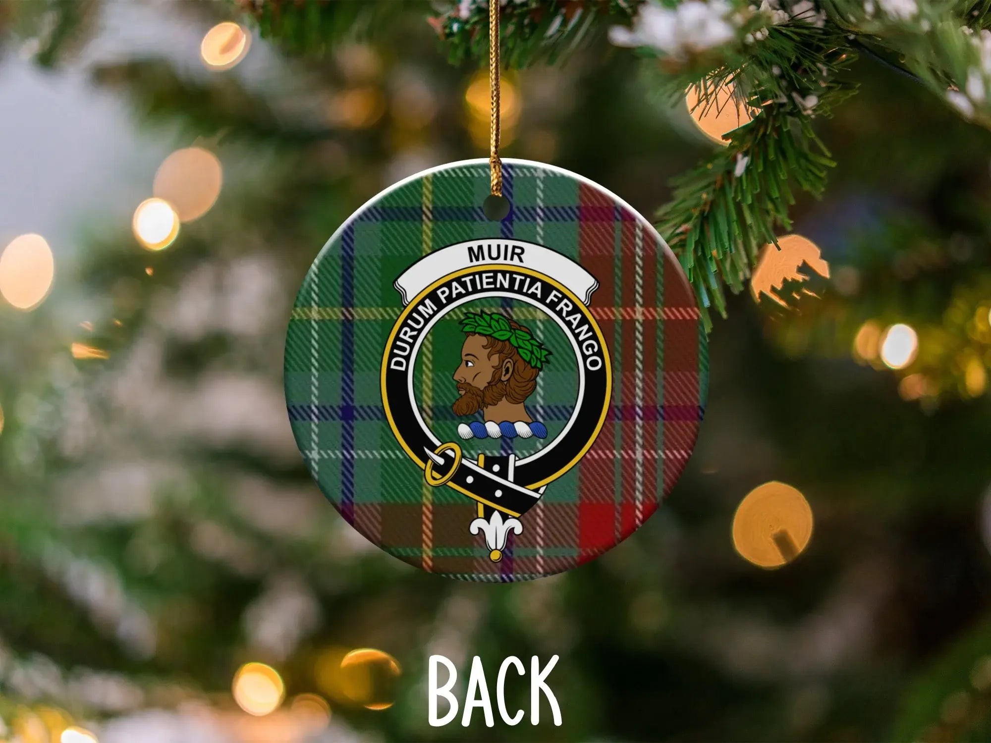 Muir clan crest ornament — double-sided UV printed ceramic with Durum Patientia Frango tartan