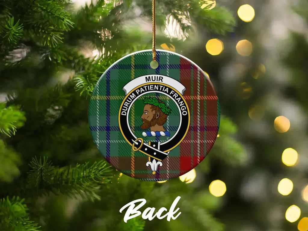 Muir Durum Patientia Frango clan crest ornament reverse — double-sided ceramic with tartan design