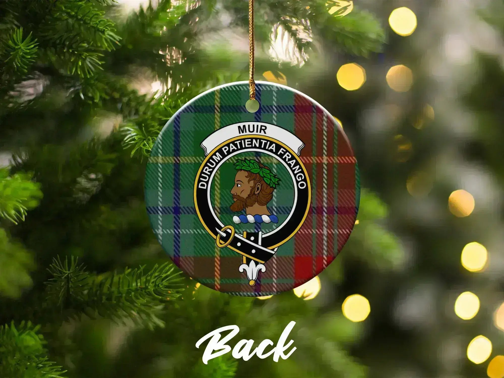 Muir Durum Patientia Frango clan crest ornament reverse — double-sided ceramic with tartan design