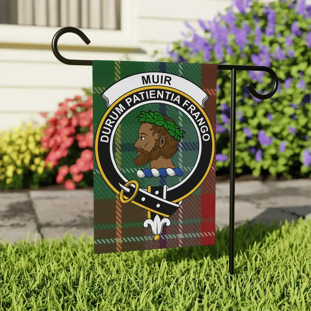 Muir clan crest garden flag on standard pole — 24.5x32 inch with Durum Patientia Frango tartan design