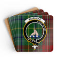 Clan Muirhead Auxilio Dei tartan crest cork coaster set — four 3.75-inch square glossy coasters