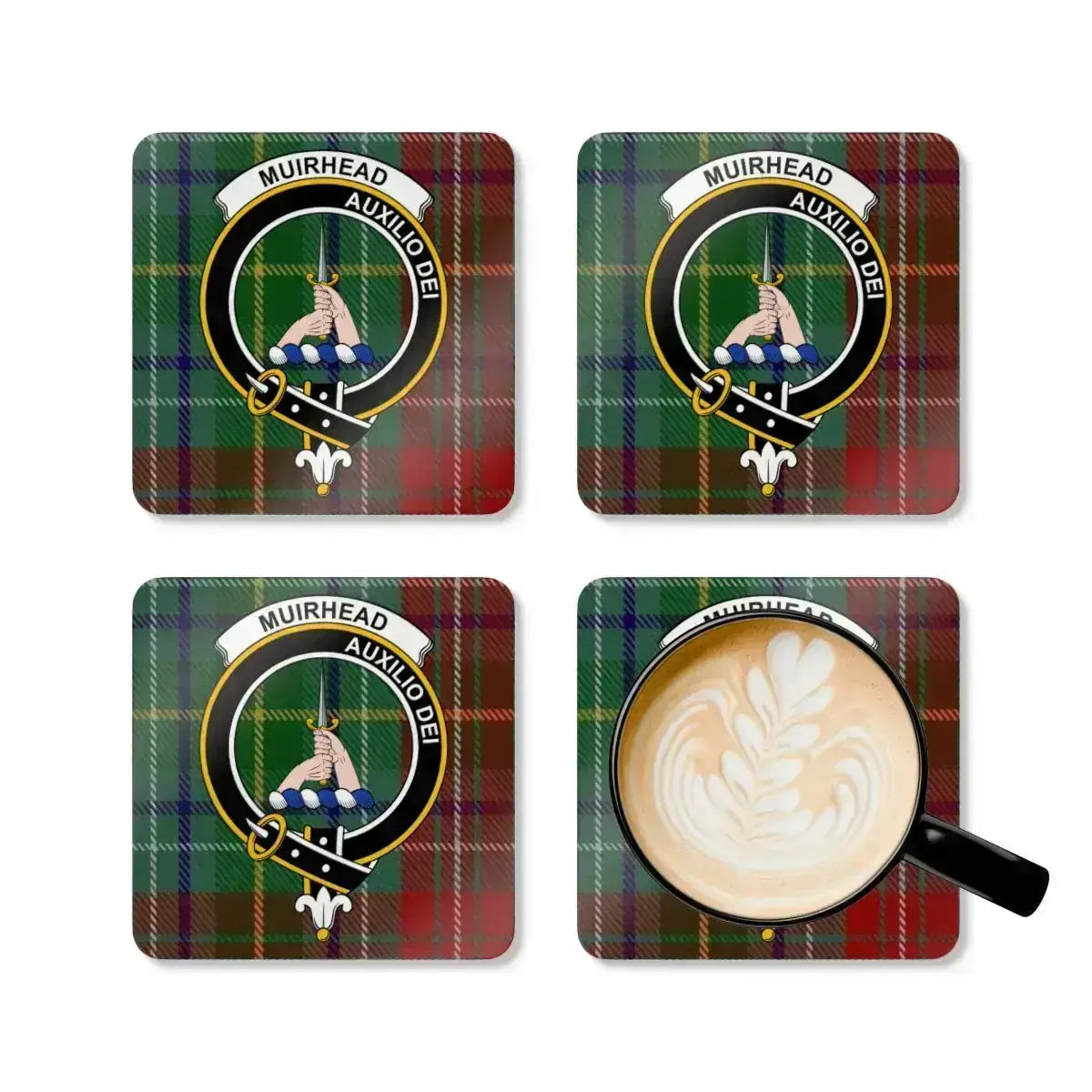 Muirhead clan crest coasters in use — Auxilio Dei tartan print with natural cork base