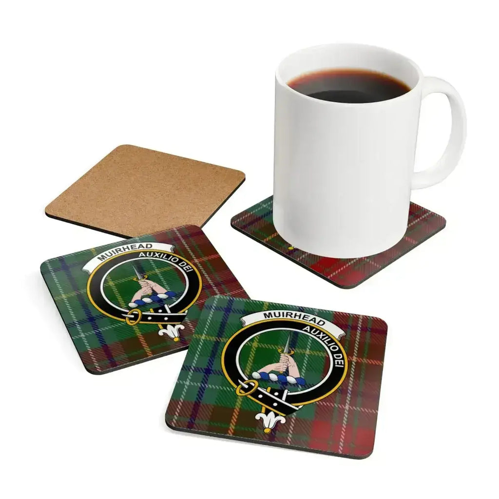 Muirhead Auxilio Dei tartan coasters displayed — clan crest on square cork coasters