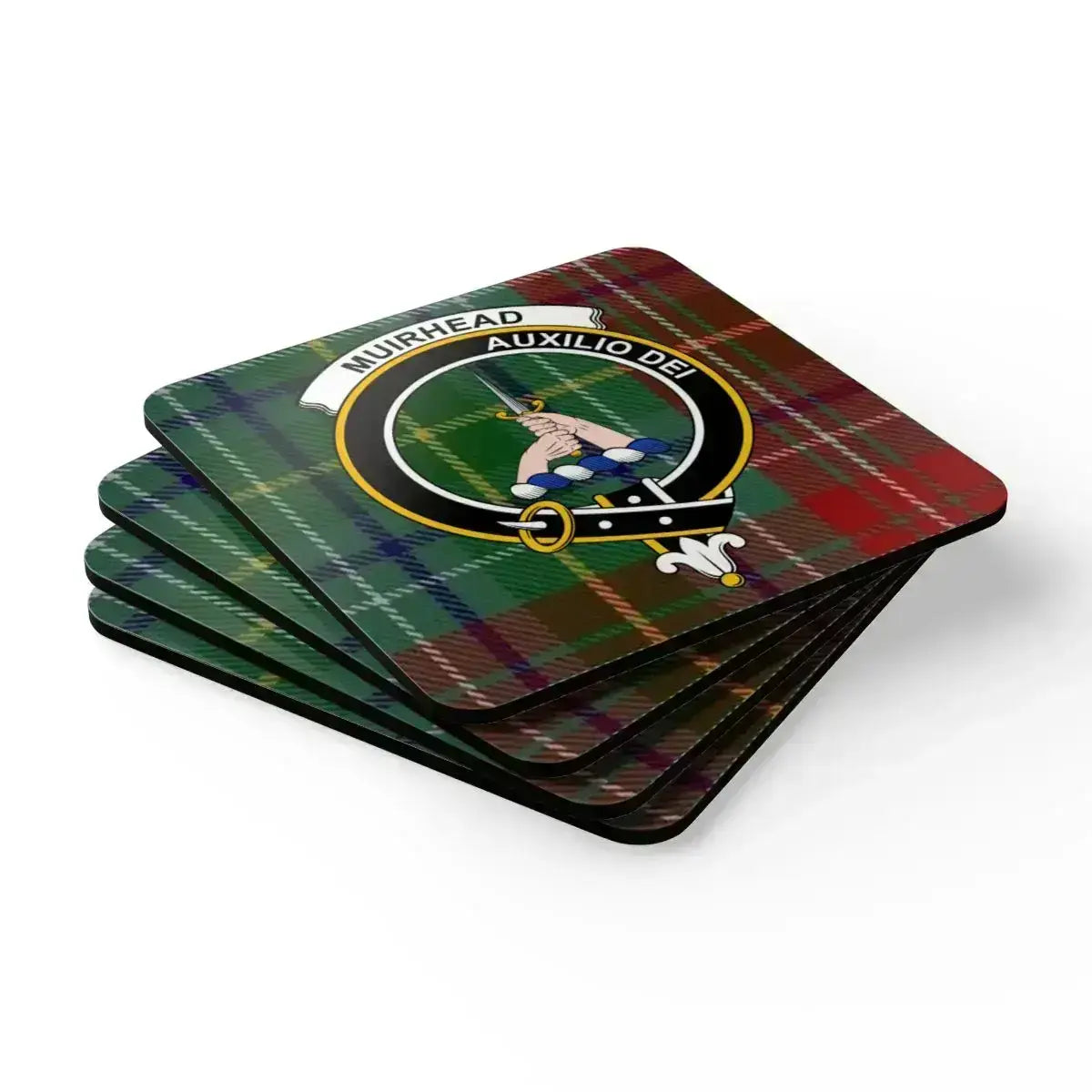Muirhead Auxilio Dei tartan plaid coaster set displayed flat — full set of four clan crest coasters