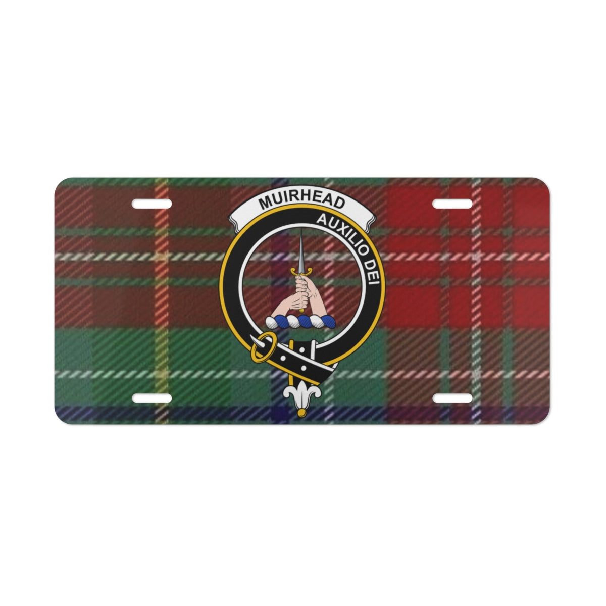 Muirhead Auxilio Dei clan crest and tartan license plate front view — pre-drilled aluminium novelty plate