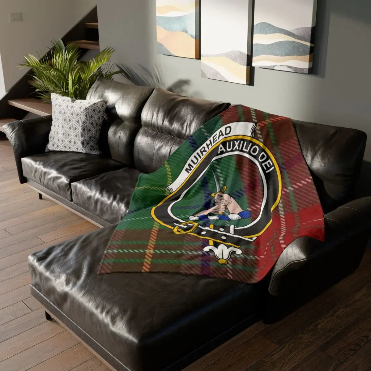 Clan Muirhead Auxilio Dei tartan throw blanket — clan colours on sofa, 50x60 inch polyester