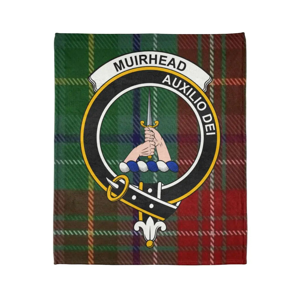 Muirhead clan crest and Auxilio Dei motto detail on tartan throw blanket — printed polyester