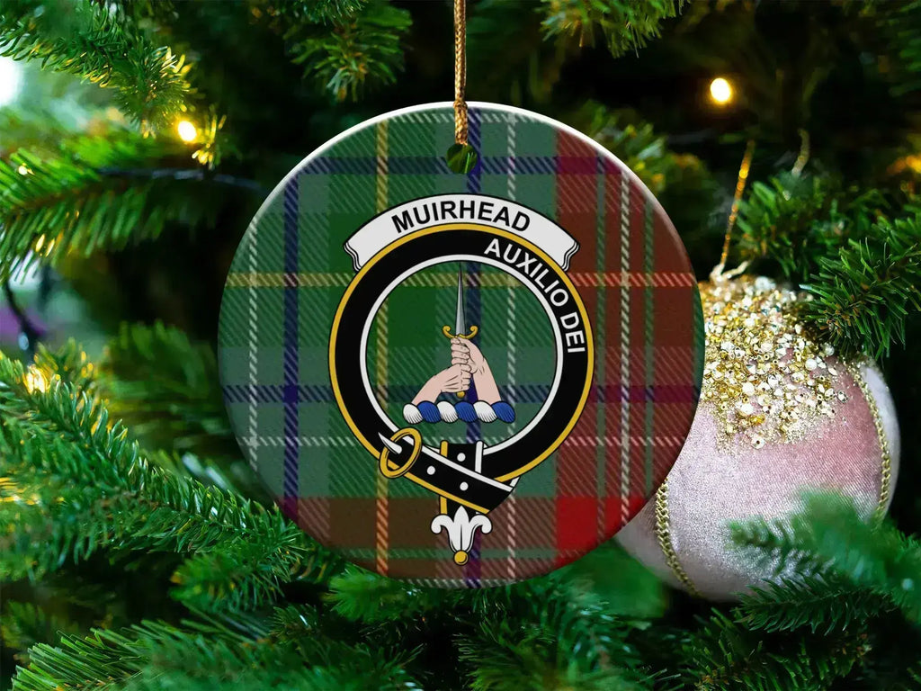 Clan Muirhead Auxilio Dei tartan crest ceramic Christmas ornament — 3-inch round with gold hanging string