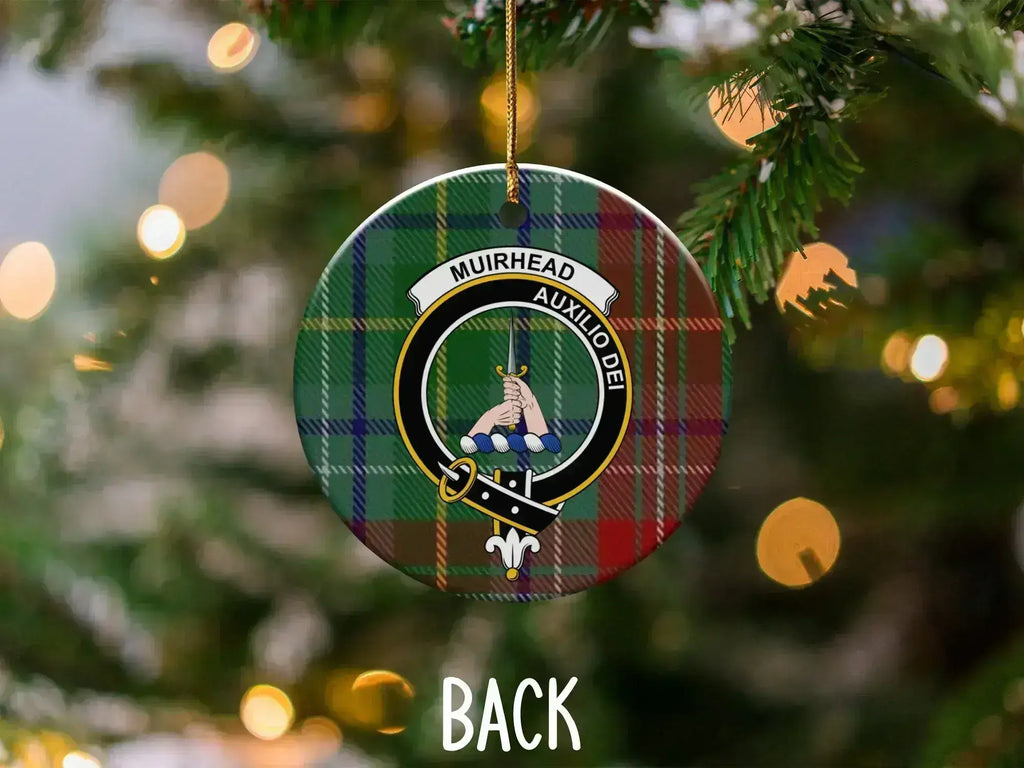 Muirhead Auxilio Dei clan crest ornament — double-sided UV printed ceramic with plaid tartan