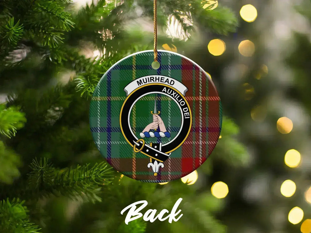 Muirhead Auxilio Dei tartan plaid Christmas ornament on tree — 3-inch round ceramic clan crest