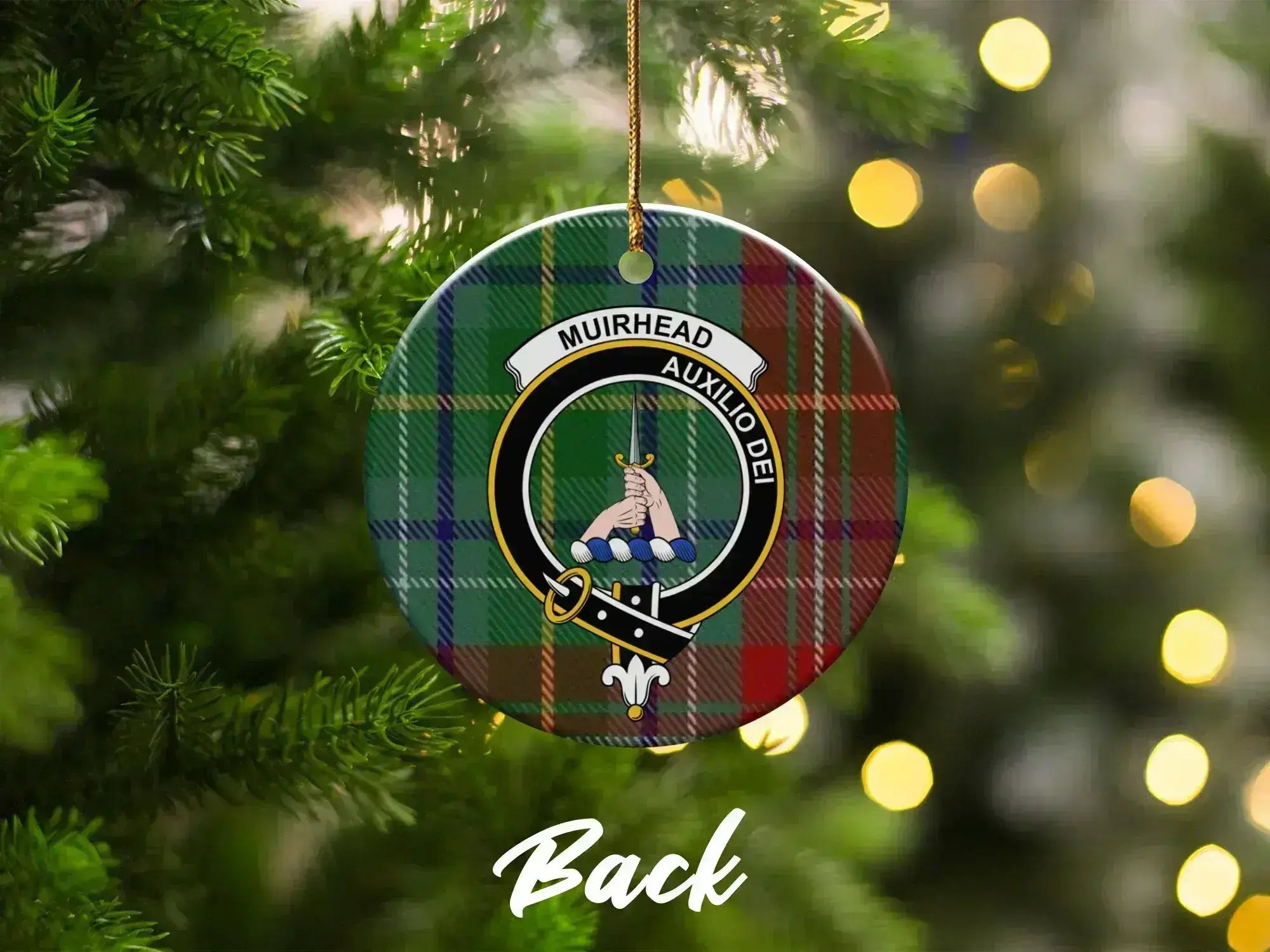 Muirhead Auxilio Dei tartan plaid Christmas ornament on tree — 3-inch round ceramic clan crest