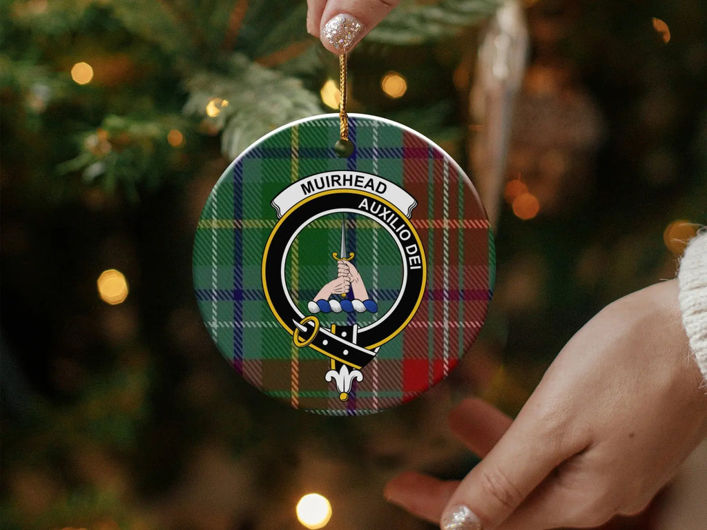 Muirhead clan crest tartan ornament shown displayed — 3-inch round ceramic with Auxilio Dei design